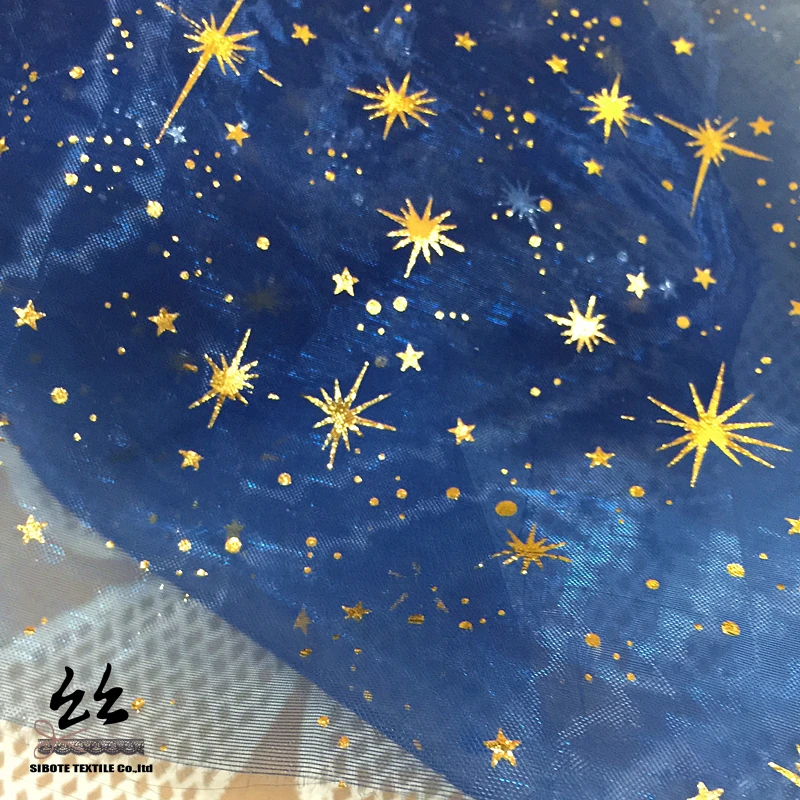 BLUE organza fabric Golden star pattern for Making Bobbi dolls acting clothes DIY Wedding decoration (Folding shipment)