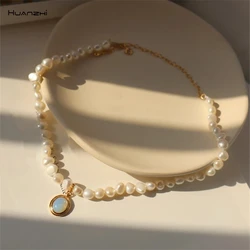 HUANZHI 2020 New Baroque Freshwater Natural Pearl Moonstone Pendant Necklace Geometric Irregular for Women Girls Party Jewelry