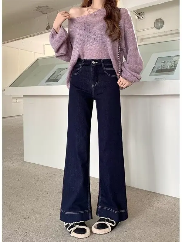Deep Blue plus Size Denim Jeans Women's Loose High Waist Slim Straight Micro Flared Floor-Length Trousers Autumn 2026
