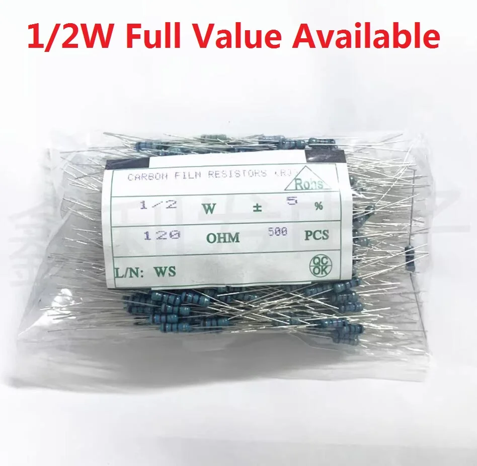 

500pcs/lot 1/2W Carbon Film Resistor 0R to 1M 10K Ohm 100R 330R 360R 680R 910R 2K 4.7k 2.2K 1K 100K 470K+-5% 0.5W