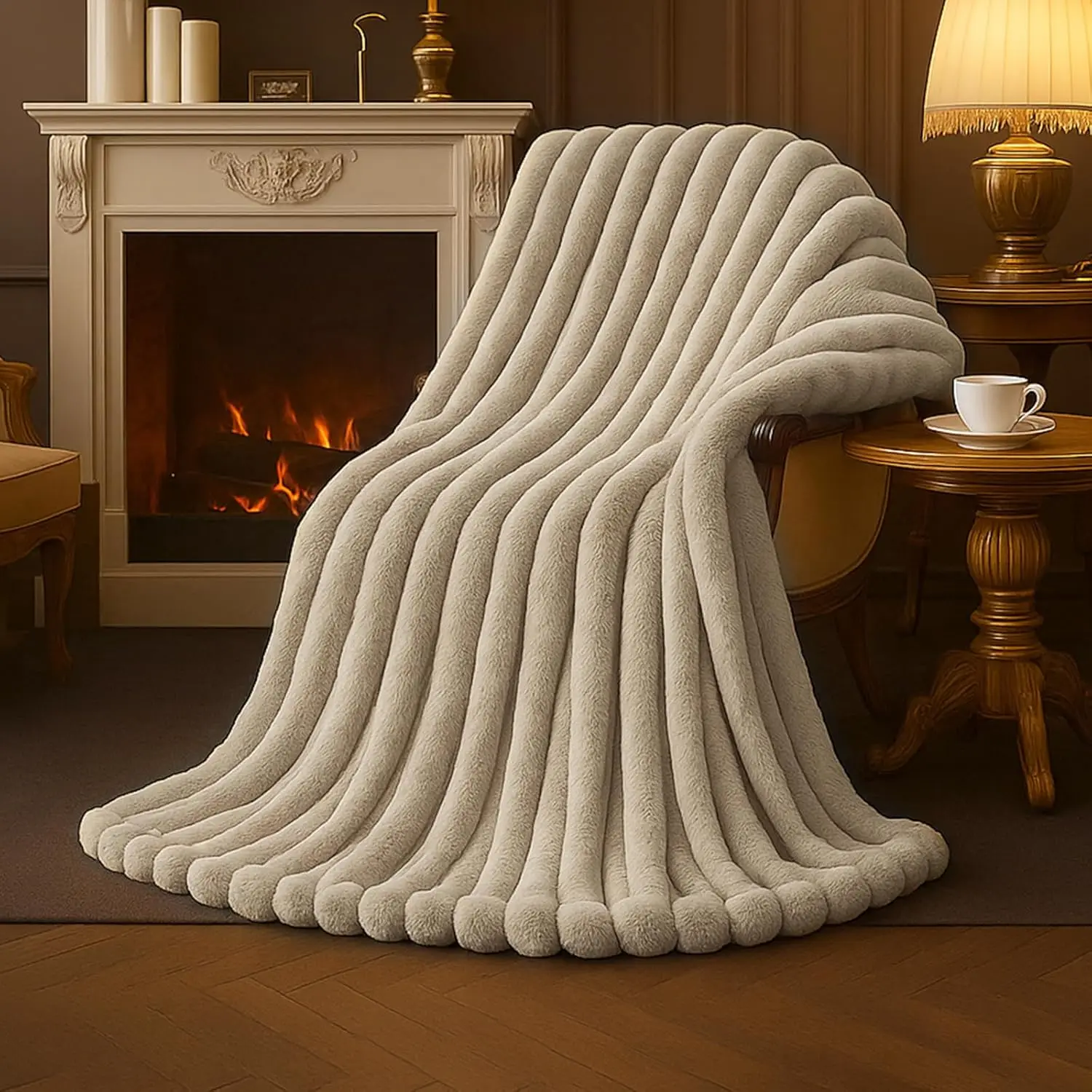 

Плед из искусственного меха, уютный пушистый плед для дивана, кровати, кресла, с полосатым дизайном, 55x70 дюймов, бежевый