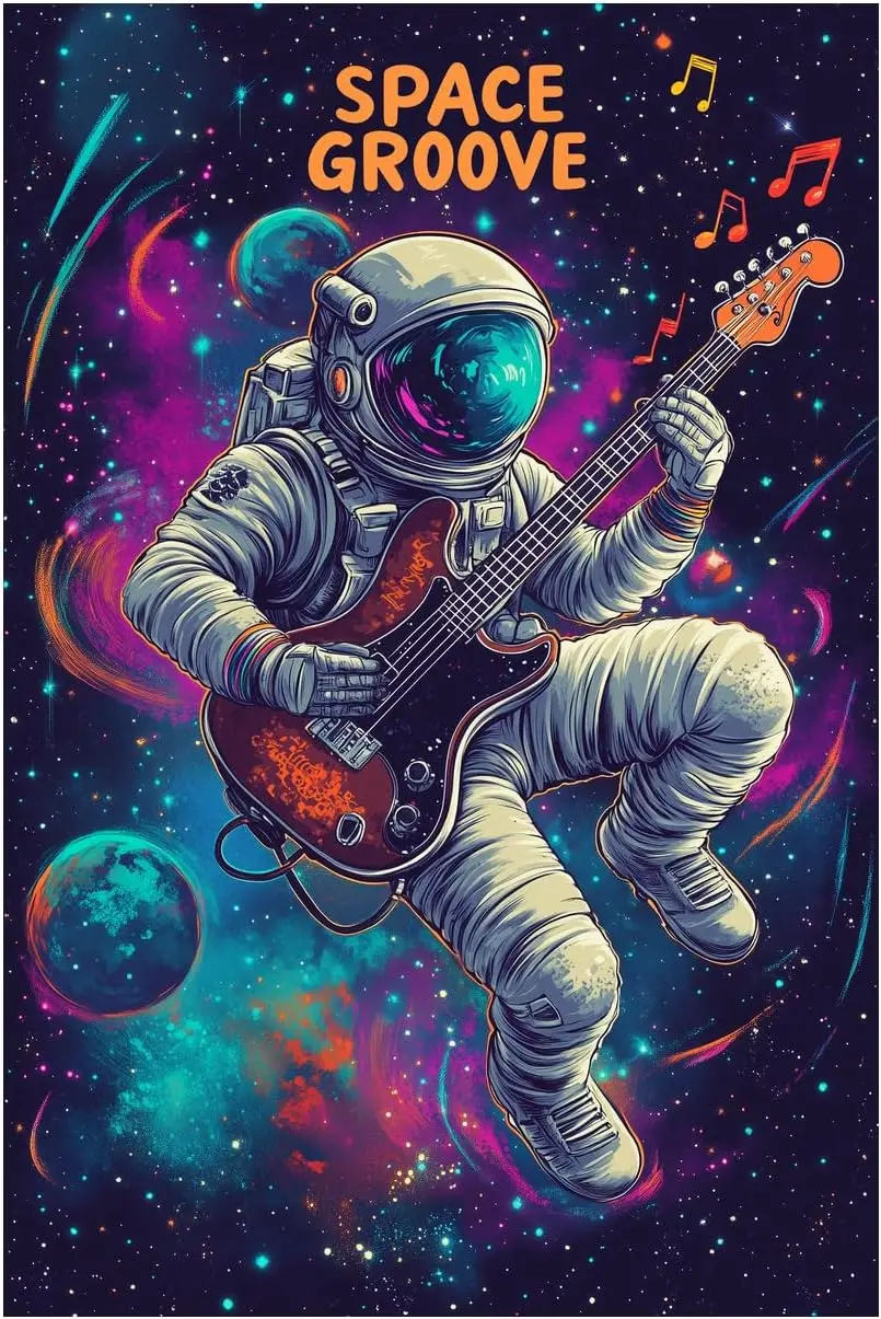Astronauts Tin Signs, Outer Space Metal Arts, Universe Space Poster, Space Groove Play the Guitar Music, Planet Positive Wa sign