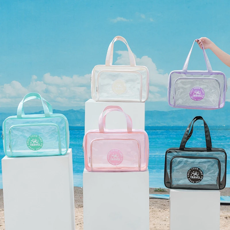 Simple PVC Swimming Storage Bag Cream Color Large Capacity Transparent Waterproof Beach Bag Single Shoulder Beach Wash Bag