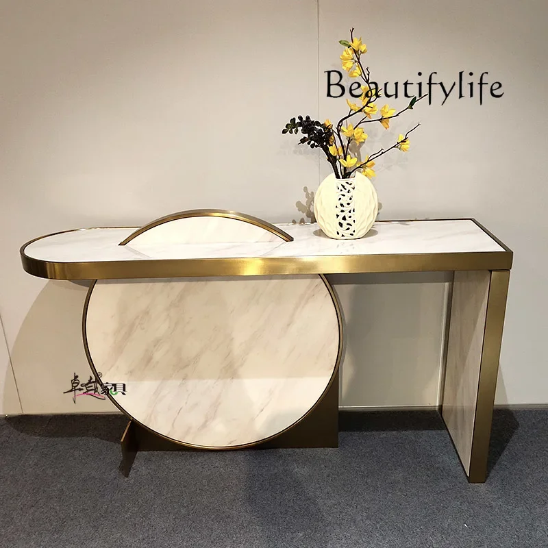 

Light luxury marble end view table Modern villa Nordic living room art design Wall stainless steel entrance table
