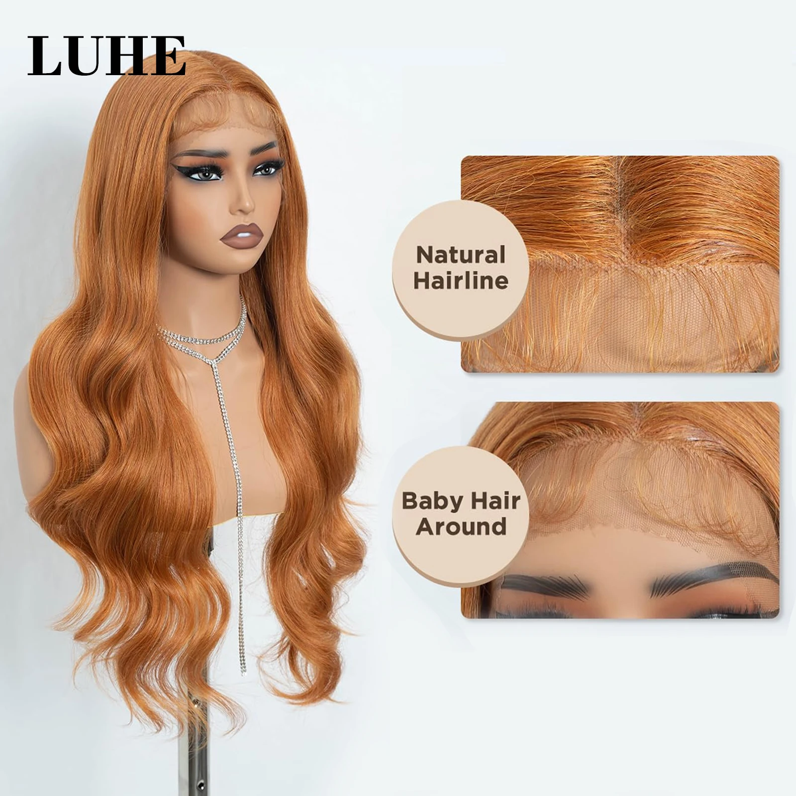 Longo ondulado perucas dianteiras do laço para preto feminino cosplay gengibre laranja cabelo sintético peruca frontal do laço com cabelo do bebê perucas de onda natural