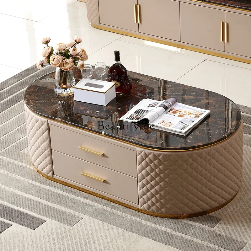 

5Light luxury simple stainless steel marble coffee table oval creative coffee table