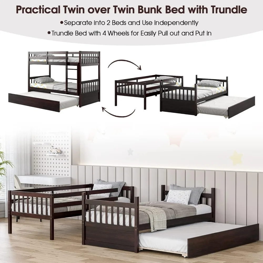 Twin stapelbed met onderschuifbed, converteerbaar platformbedframe met ladder en massief houten frame, ruimtebesparend stapelbed voor kinderen