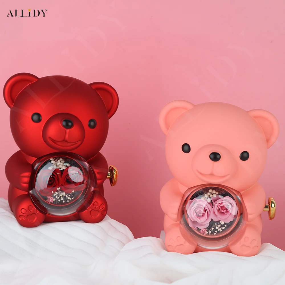 New Double Rose Eternal Rose Teddy Bear Jewelry Box with Custom Engraved Pendant Necklace – Perfect Valentine's Day Gift for Wom
