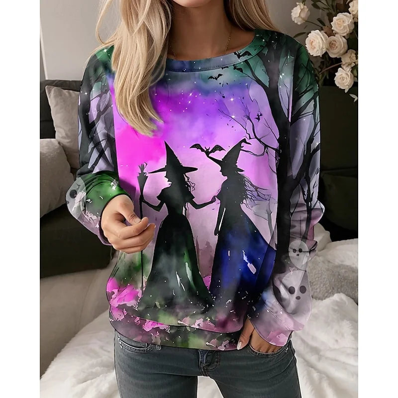 2024 Autumn and Winter New Women\'s Round Neck Long Sleeve T-shirt Halloween 3D Printed Casual Tops