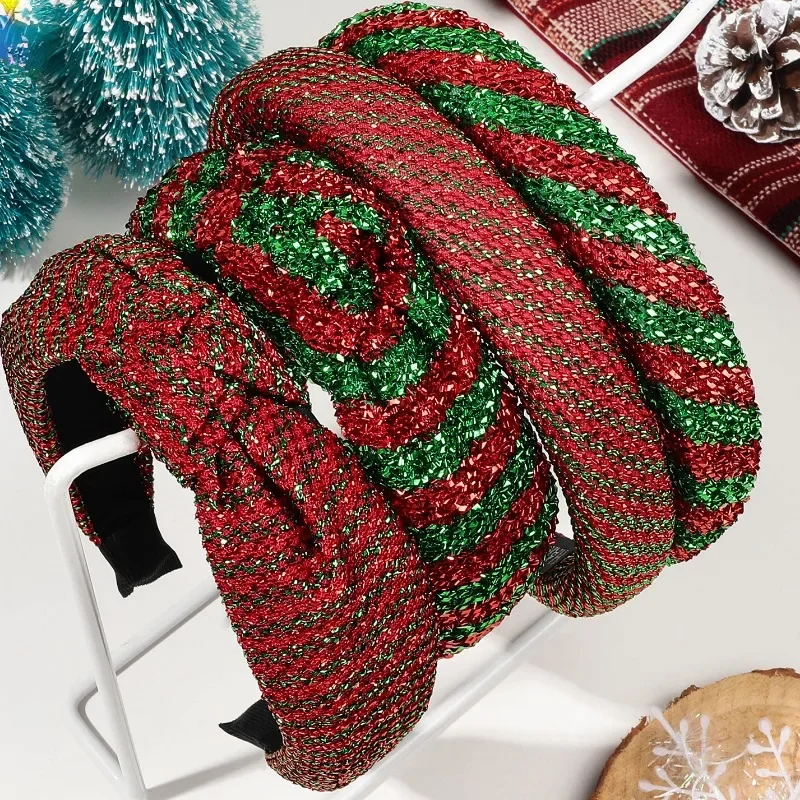 New Christmas Striped Plaid Headband Headband with High Skull Top Shining Bright Silk Knot for Women