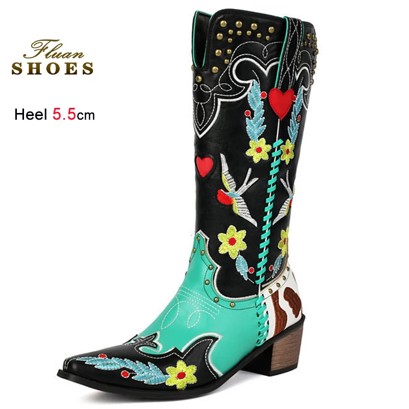 

Retro Totem Embroidered Flower Women Knight Boots Chunky Heels 5.5cm Pointed Head Mid-Calf Boots V-Mouth Rivet Boot Ladies Shoes