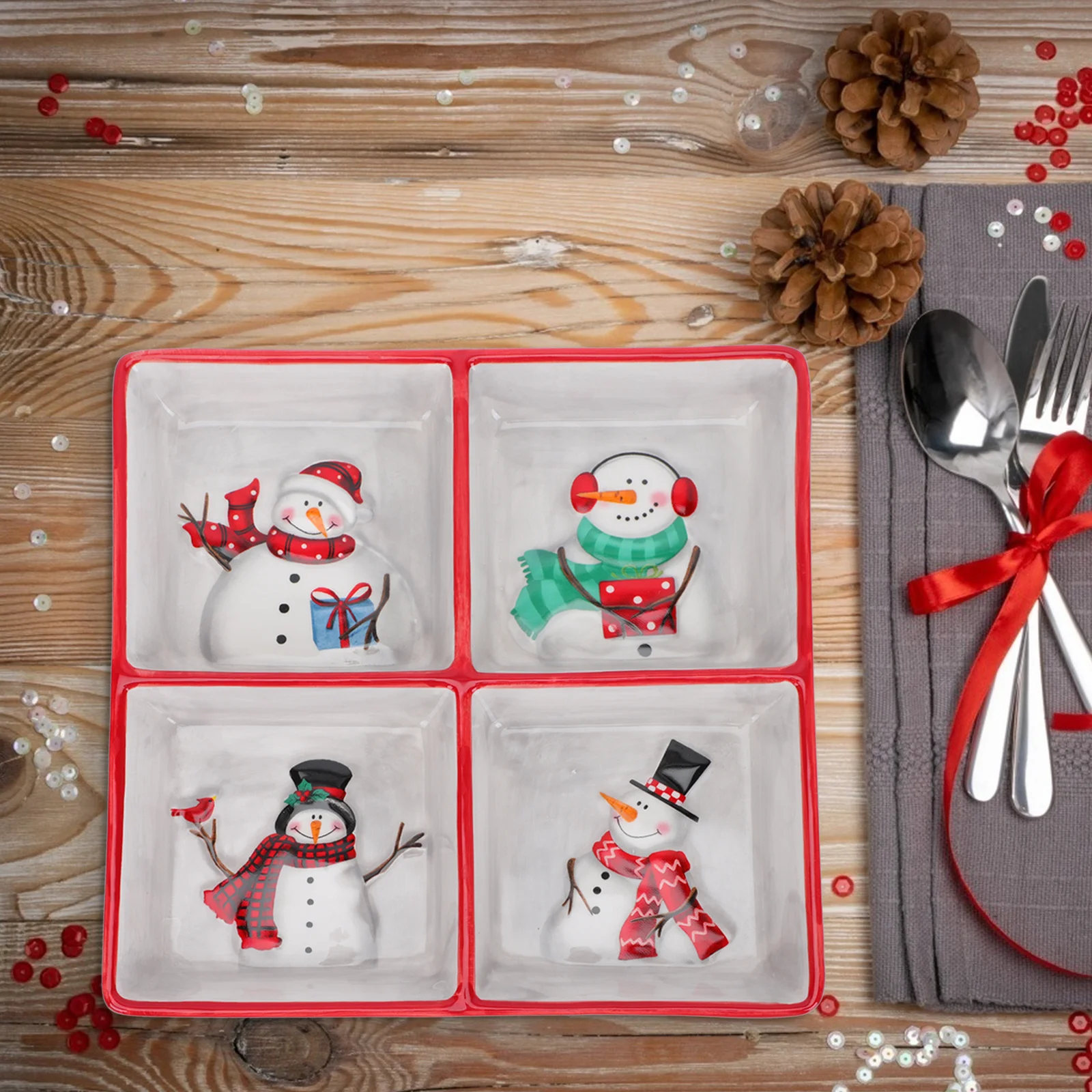 

1 шт., керамический поднос с четырьмя отделениями, контейнер для еды, рождественская посуда с тиснением для сухофруктов, закусок и тортов