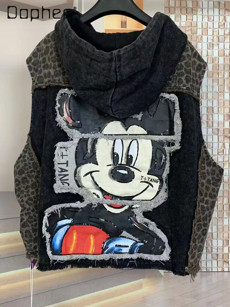 

2025 New Heavy Industry Leopard Print Color Matching Embroidery Cartoon Loose Hooded Vest Jacket Women Zip Up Hoodie