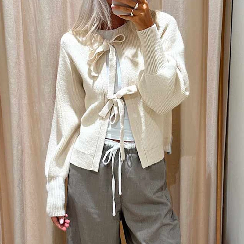 Autumn Winter Knit Cardigan Y2K Kawaii Tie Front Long Sleeve Sweater Coat Women Fashion Loose Fit Knitwear Jackets Streetwear