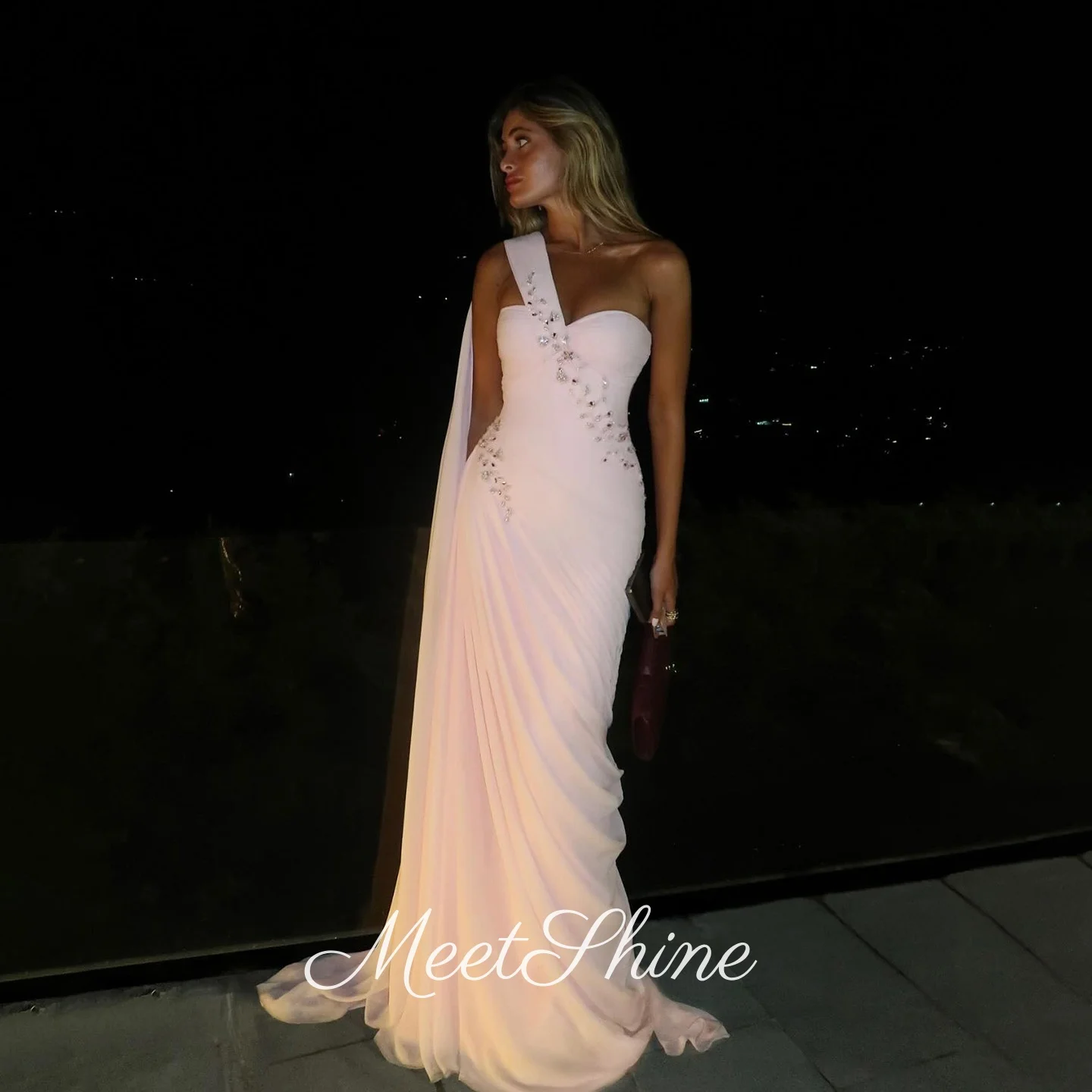 

Elegant Pale Pink One Shoulder Mermaid Evening Dresses Beaded Crystals Pleated Prom Dress Saudi Arabia Party Dress Customized