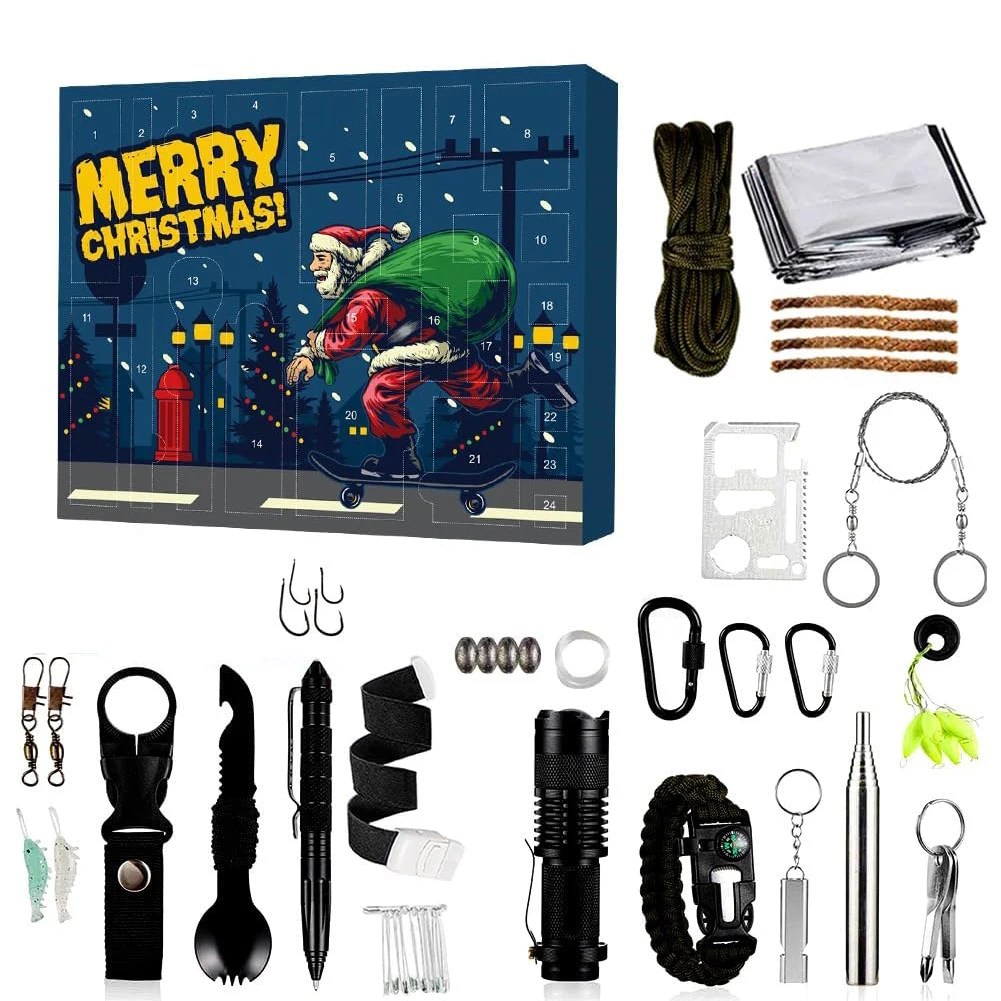 24 Day Christmas Countdown Survival Kit for Men Adult with Cool Gadgets Survival Kit Advent Calendar for Outdoor Camping Fishing