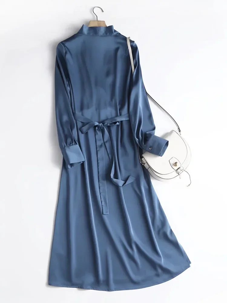 

2024 Autumn Fashion Women Elegant Satin Dress Long Sleeve Office Ladies Midi Dress with Slash