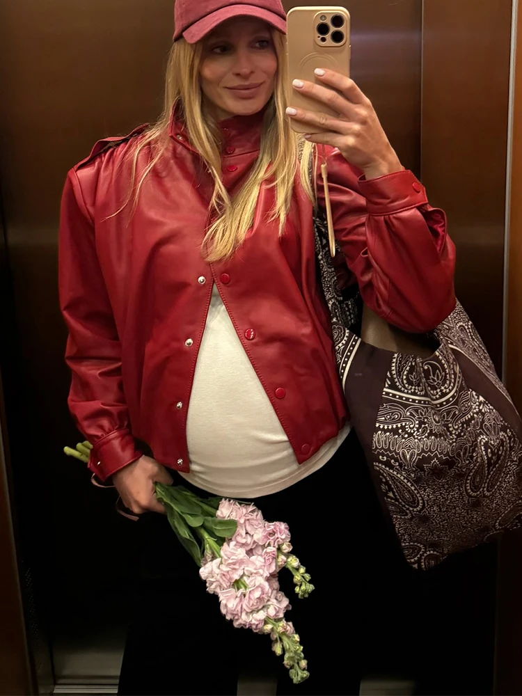 

Fashion Cropped Leather Women Jacket Red Lapel Long Sleeve Single-breasted Loose Short Coat 2025 Autumn Lady Street Outwear