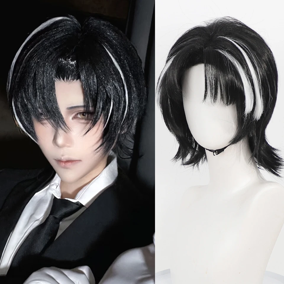 Limbus Company Rien Cosplay Wig Short Wolf‑Tail Mullet Wig Black‑White Highlights Synthetic Hair For Cos Halloween Costume Wig