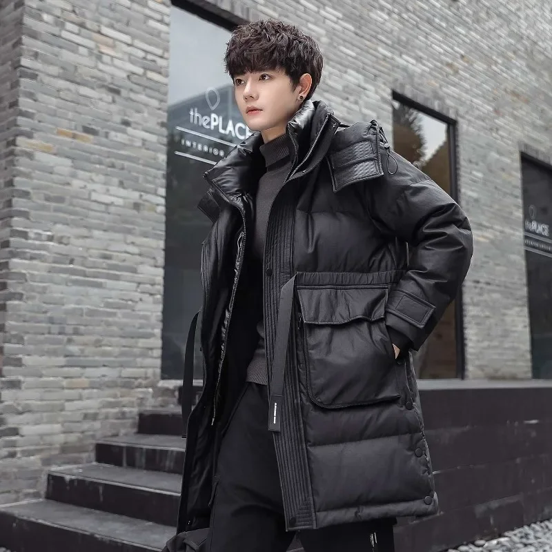 New Men Down Jacket Winter Coat Mid-length Loose Leisure Parkas Thicken Warm Trend Outwear Hooded Handsome Overcoat