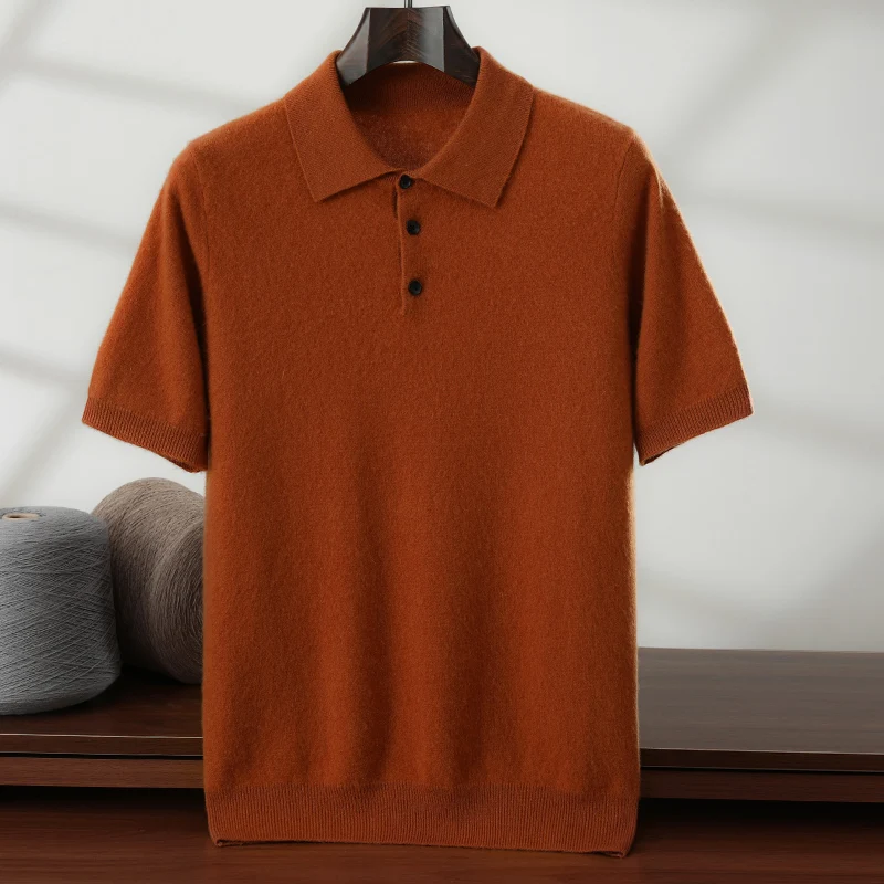 

Men's T-shirt 2026 Spring/Summer New Polo Shirt Short Sleeve 100% Cashmere Knitted Sweater Casual Loose Solid Color Half Sleeve.