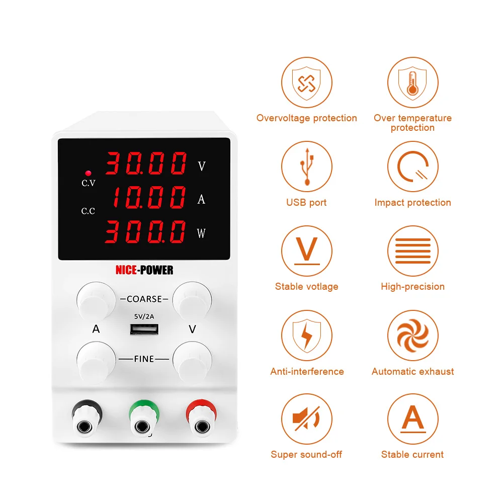 Suministro de fábrica de China Nice Power SPS3010 30V 10A Pantalla de laboratorio de doble canal blanco UPS Fuente de alimentación de minería industrial