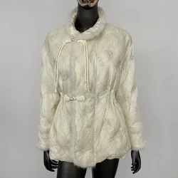 90% White Duck Down Mink Fur Spliced Embroidered Disc Button Down Jacket Women Short Jacket Thickened Warm 2024 Autumn Winter