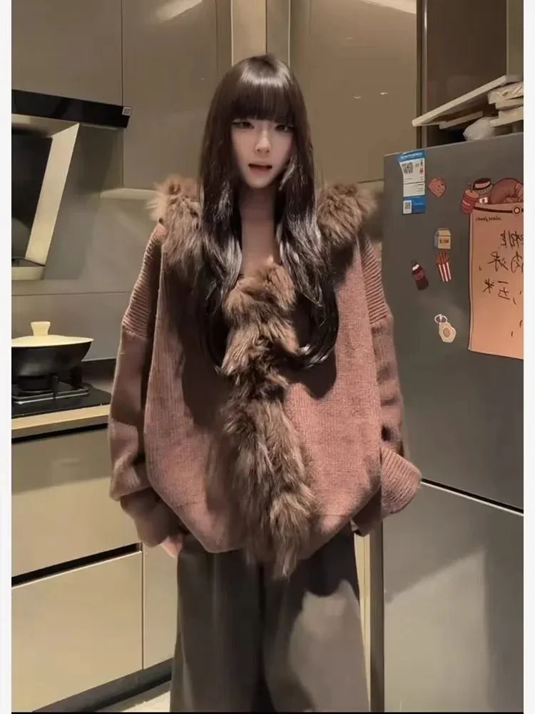 

Cardigans Blue Sweaters Womens Spring Hooded Sequined Lace Fur Moricore Material Knitwaers Shiny Patched Collared Kintted Sleeve