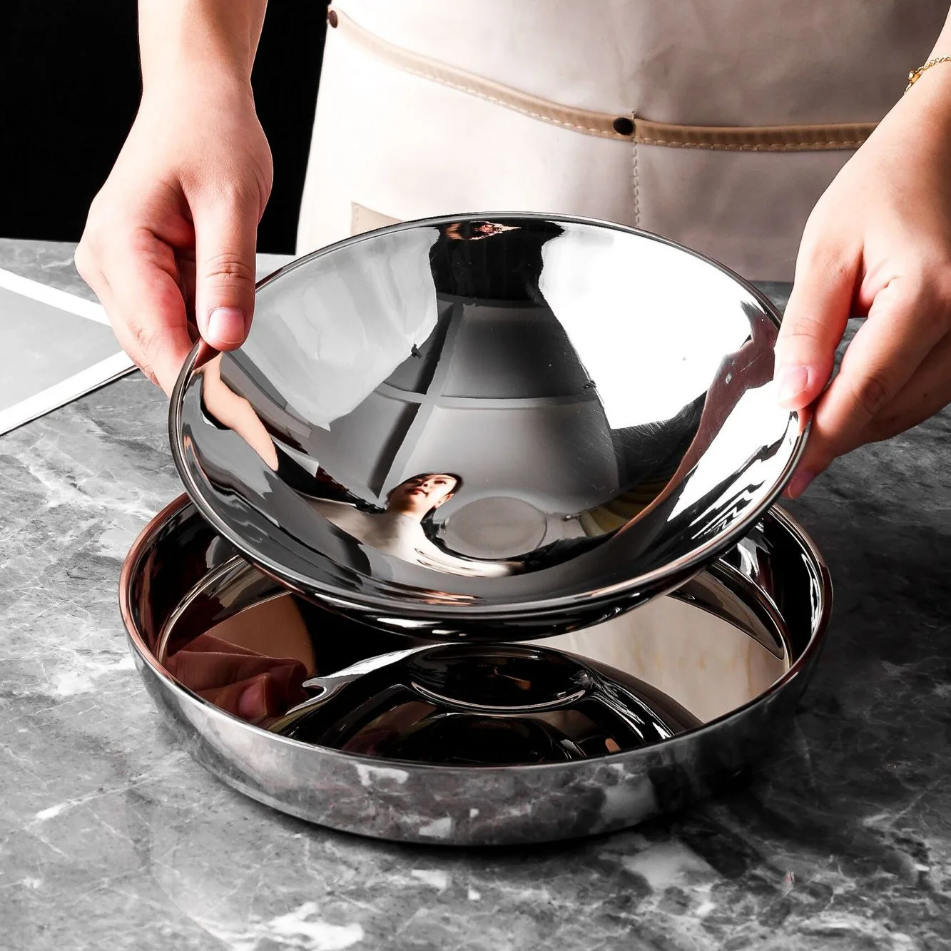 

304 Stainless Steel High-Gloss Double-Layer Heat-Resistant Bowl Set Spherical Bowl Set (7-Piece) Artistic Spherical Decorative