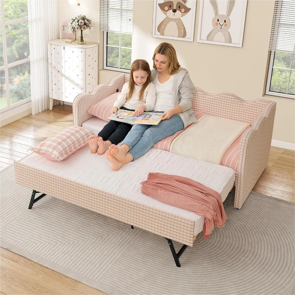 Twin to King Linen Gingham Daybed Pop Up Trundle, USB Ports, No Box Spring Needed