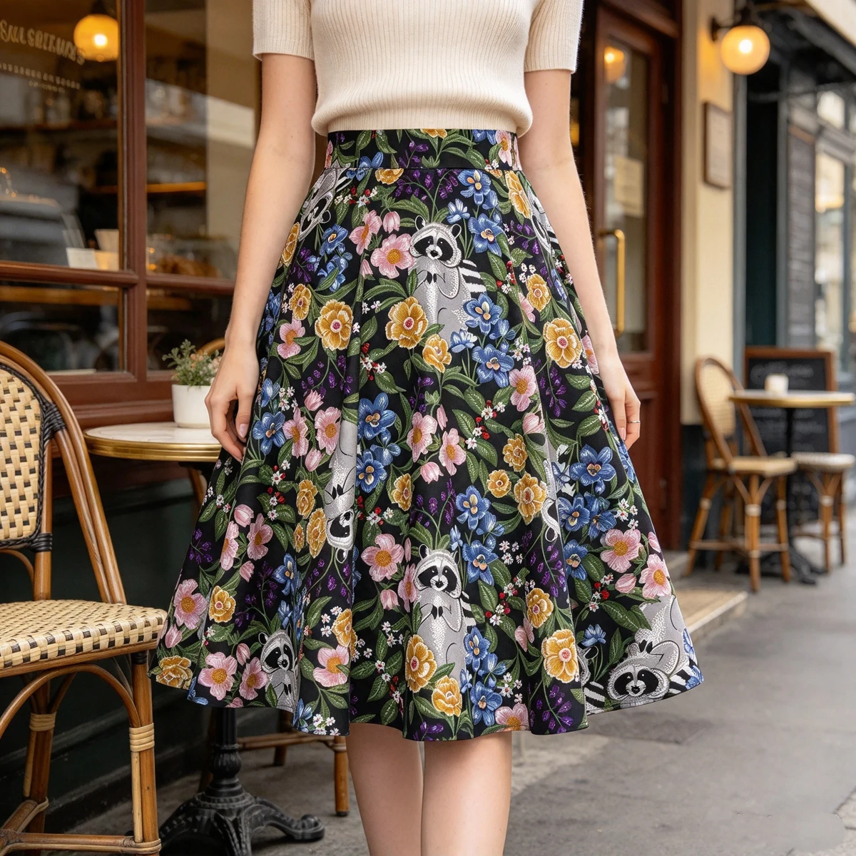 SISHION Animal Raccoon Floral Printed Women Cotton Skirt VD0020 High Waist Black Flowers 50s 60s Vintage Skirts Falda Mujer