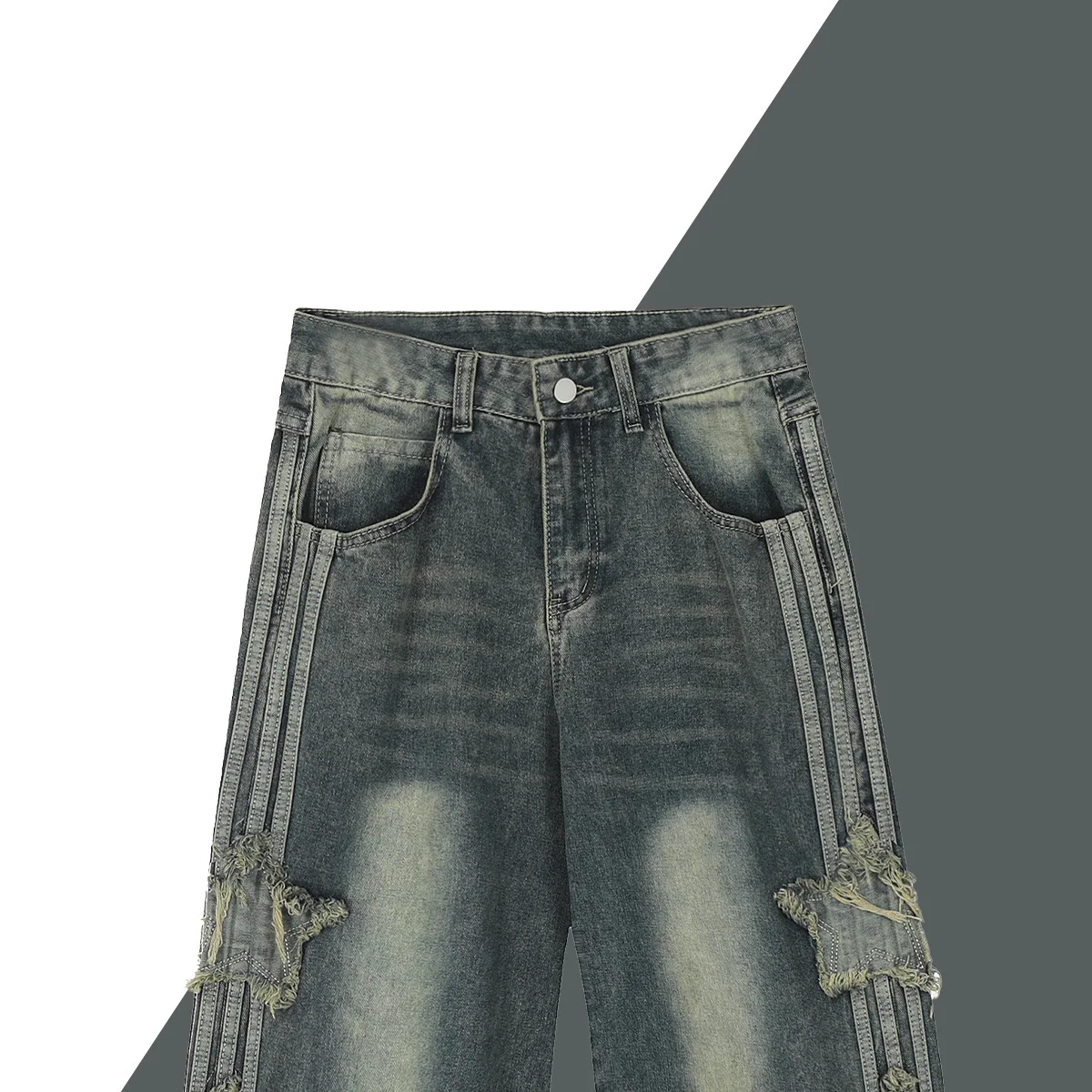 อเมริกัน High Street Star Patch กางเกงยีนส์ผู้ชายฤดูร้อนใหม่หลวมตรง Draped แฟชั่นแบรนด์ขากว้างกางเกงกางเกงยีนส์ผู้ชาย