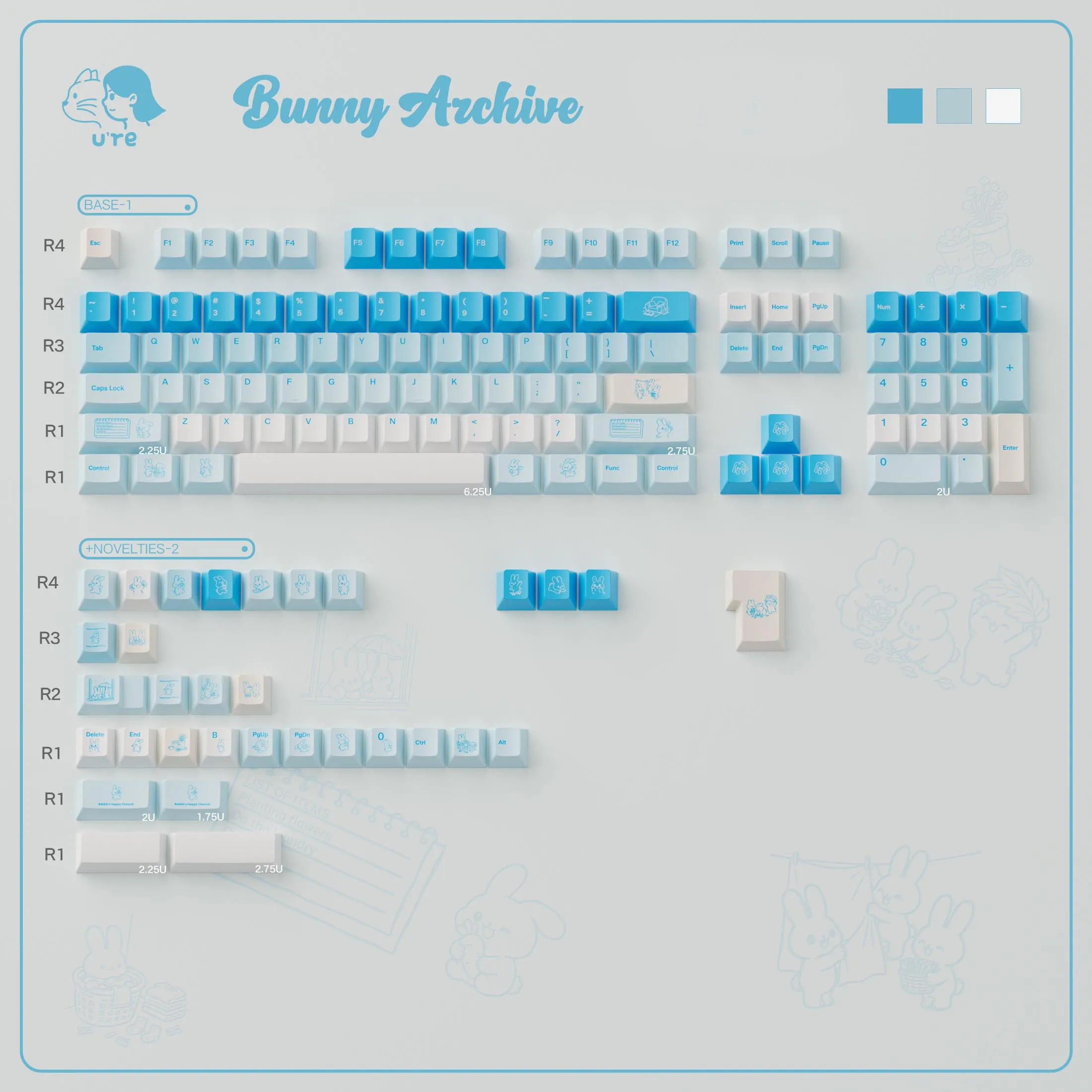 URE Bunny Archive Keycaps Cherry Profile Dye-Sublimation PBT Keycaps Blue Cute Rabbit Keycap Sets For MX Mechanical Keyboard