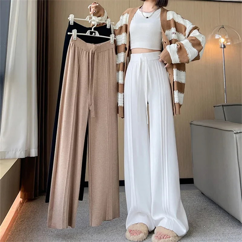 Pantaloni da donna autunno inverno nuovo stile morbido lavorato a maglia drappeggiato lungo taglio dritto allentato pantaloni larghi a vita alta alla moda