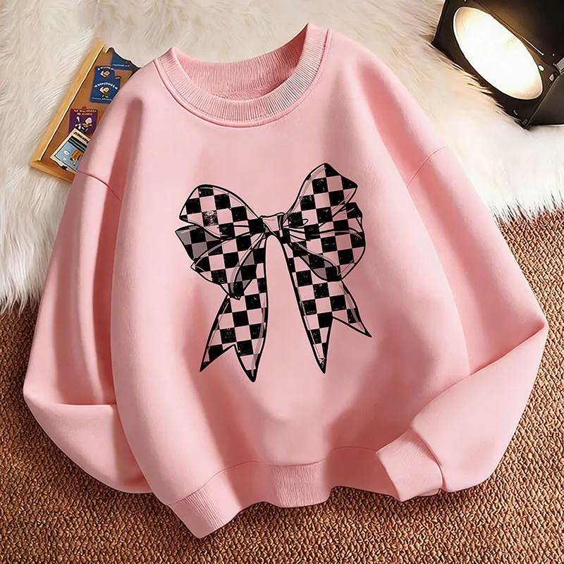 New Retro Bow Design Y2k Children's Hoodie Sweatshirt Cute Crew Neck Hoody Girls Autumn Spring Casual Hoodies