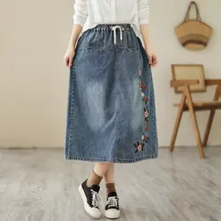 Vintage Embroidery Long Denim Skirts Japanese Harajuku Fashion Bohemian Elastic Waist Blue Embroidery Denim Skirt Female
