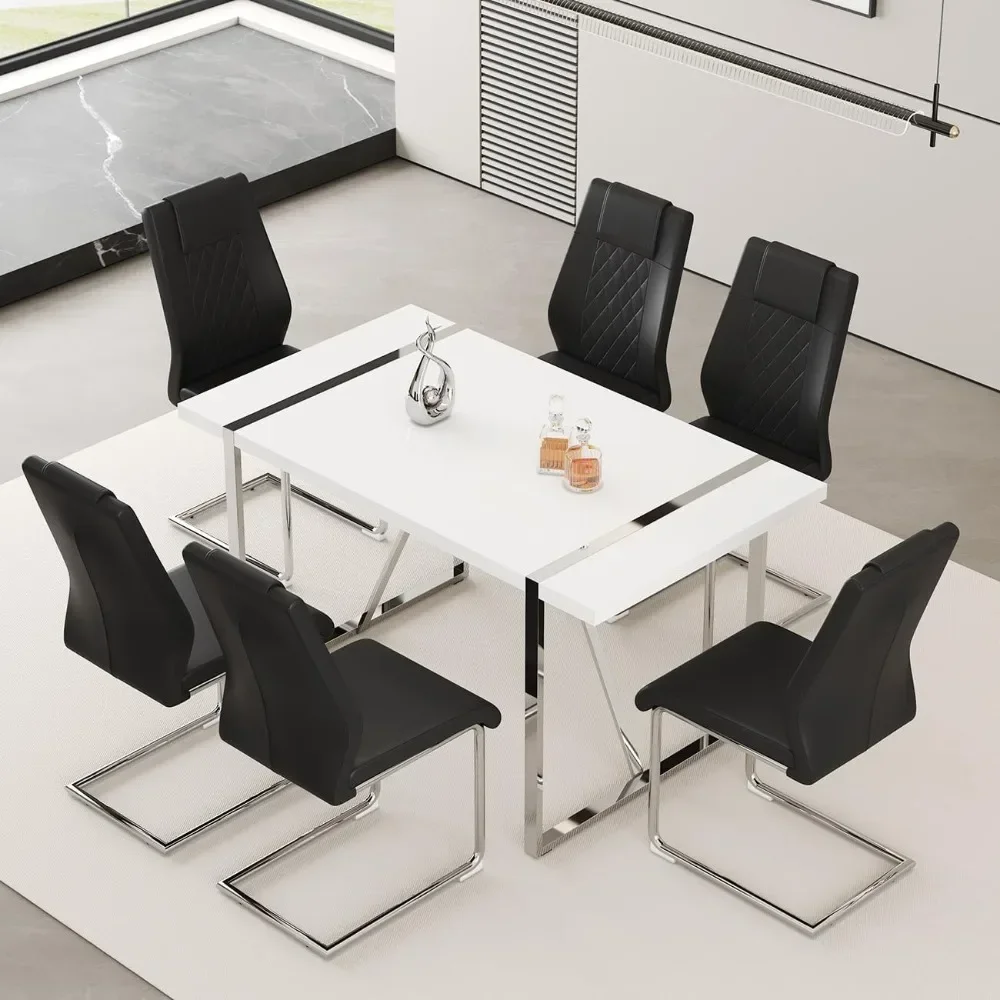 55‘’ Dining Table Set for 6, Dining Room Table with 6 Black Upholstered Dining Chairs, Dinner Table Set