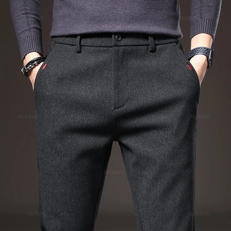 Autumn Men\'s Brushed Fabric Casual Pants Business Fashion Elastic Waist Slim Fit Stretch Thick Gray Black Cotton Trousers Male