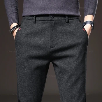 Autumn Winter Men's Casual Pants Solid Color Business Elastic Waist Slim Fit Stretch Thick Gray Black Blue Cotton Trousers Male