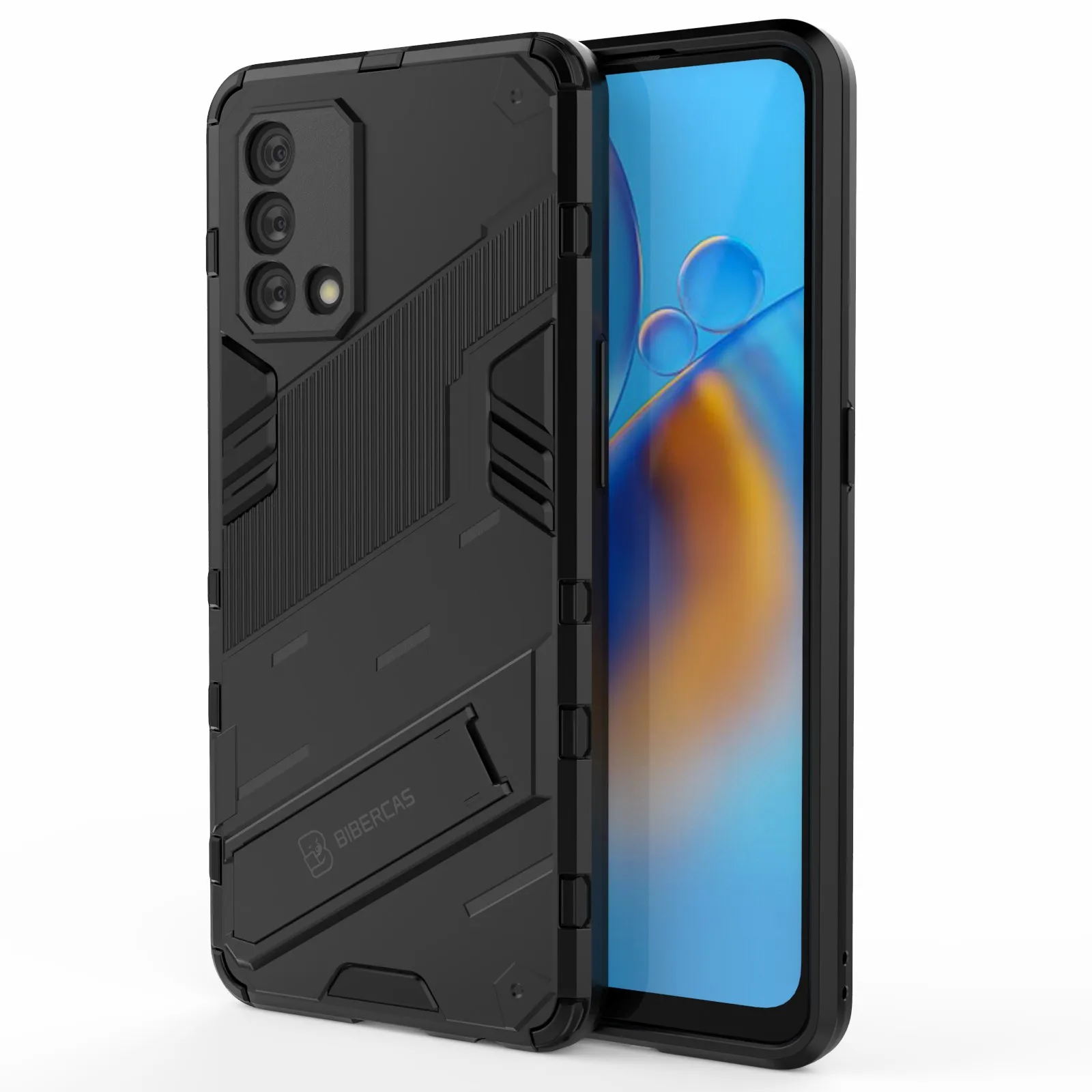 

PC + TPU Shockproof Hybrid Phone Back Case Cover with Foldable Kickstand for Oppo A74 4G - Black