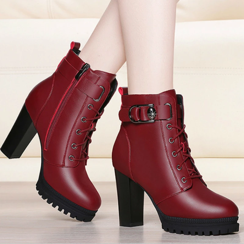 2023 Fashion Shoes for Women Winter Women's Boots Solid Color Round Toe Zipper Lace Up Buckle High Heels Water Proof Shoes Women