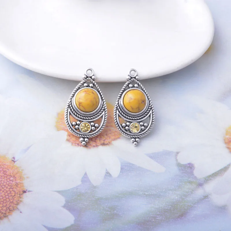 10 Stück Böhmischer Stil Antik Silberfarbene Stein- und Acryl-Anhänger Zinkmetall-Ohrringe Anhänger Zubehör DIY Damenschmuck – Detail 7