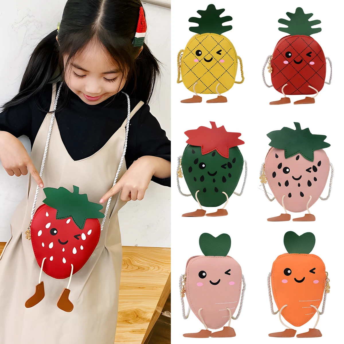 

Маленький кошелек через плечо для маленьких девочек, милый ананас, клубника, морковь, сумка через плечо, детский кошелек для монет, кошелек