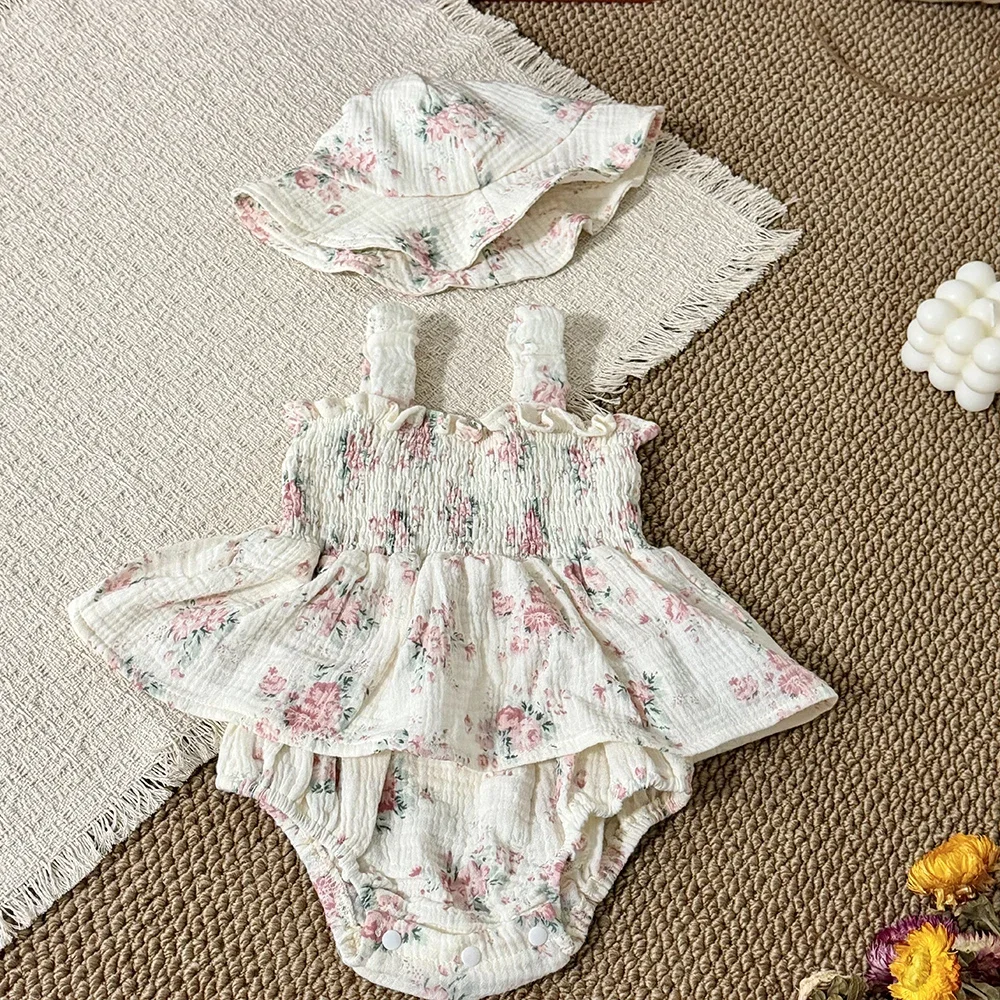 2026 Summer 0-2 Y Cotton Toddler Clothes for Girls Sweet Print Camisole One Piece Sleeveless Infant Girls Bodysuit With Hat