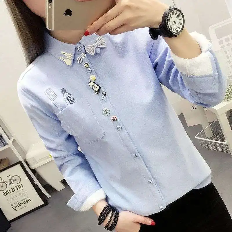 

Autumn Winter Women's Striped Cute Embroidery Blouse Cleanfit Sle Poly Fabric A-Sve ort Sve Thin Non-Sinkable