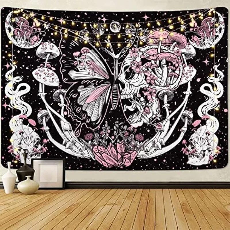 

Lyacmy Skull Hippie Mushroom Tapestries Aesthetic Moth Moon and Stars Snake Wall Hanging For Room(51.2 x 59.1 inches)