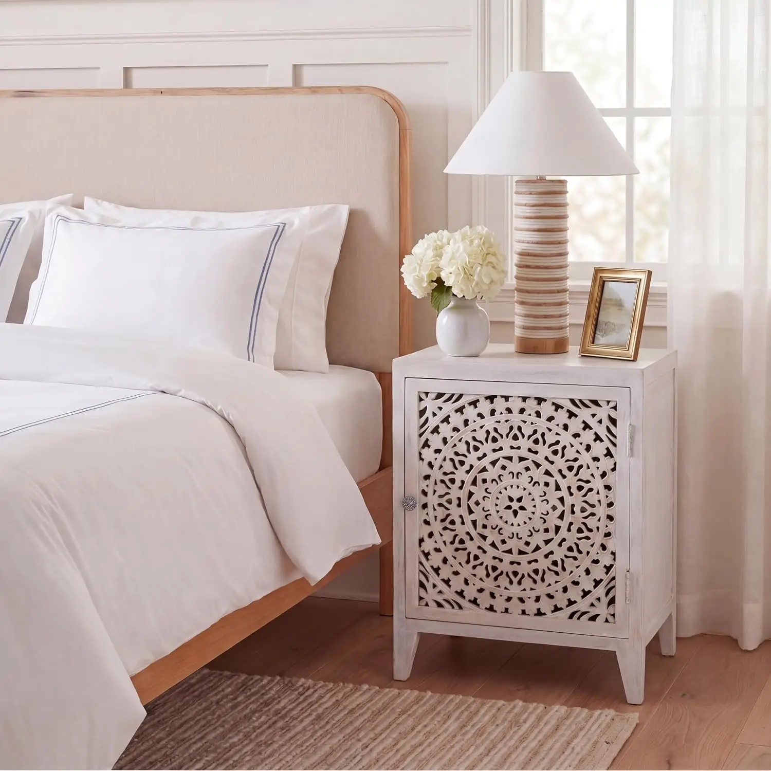 White Washed Mango Wood Nightstand with Carved 1-Door & Artisan Design for Bedroom, 20