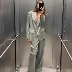 2024 Summer New Product Women's Fashion Versatile Long sleeved Polo Neck Bright Face Set Metal High Waist Pants Casual Set