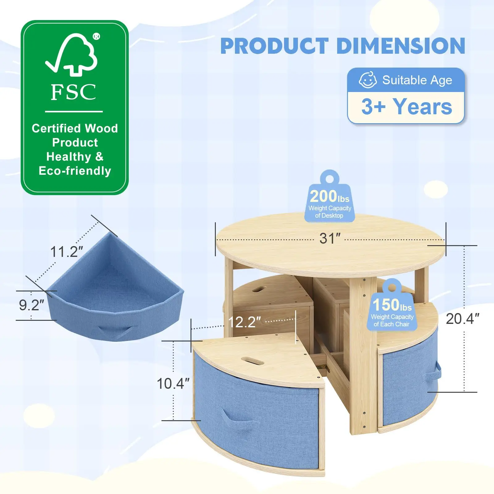 Custom children's table and chair set Round children's table and chair Wooden activity table Four storage drawers Chair