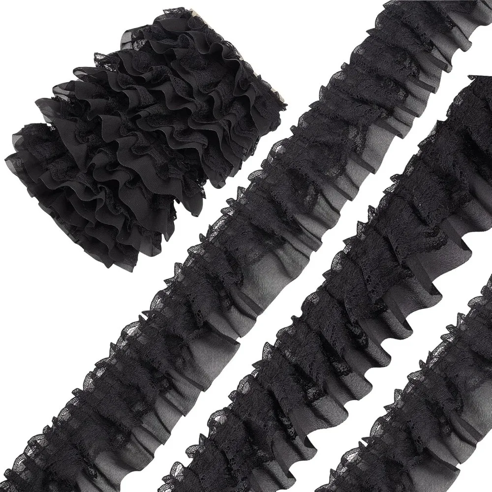 11 Yards Black Double-Layer Pleated Chiffon Lace Trim 5cm Wide 2-Layer Gathered Ruffle Trim Edging Tulle Trimmings Fabric Ribbon